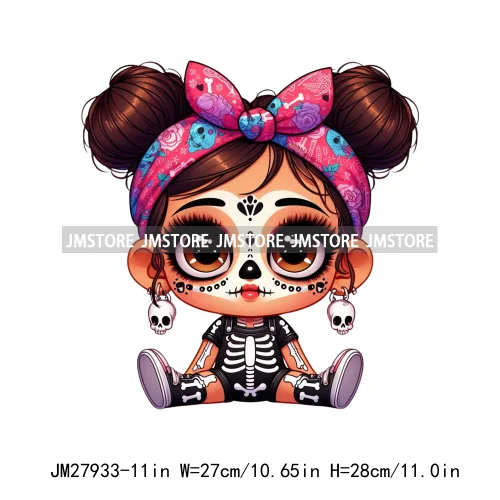 Halloween Skeleton Latina Baby Chibi Hispanic Girls Spooky Season DTF Iron On Transfers Stickers Ready To Press For Clothing