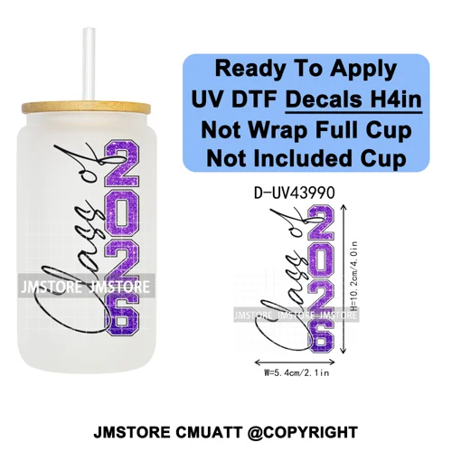 Faux Glitter Senior 2026 School UV DTF Decals Ready To Apply Waterproof Transfer Stickers DIY Crafts For 16OZ Libbey Glass Can