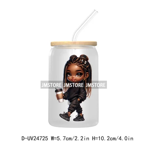 Black Chibi Girl UV DTF Transfers Stickers Decals For Libbey Cold Cups Mugs Tumbler Waterproof DIY Craft Beautiful Afro Woman