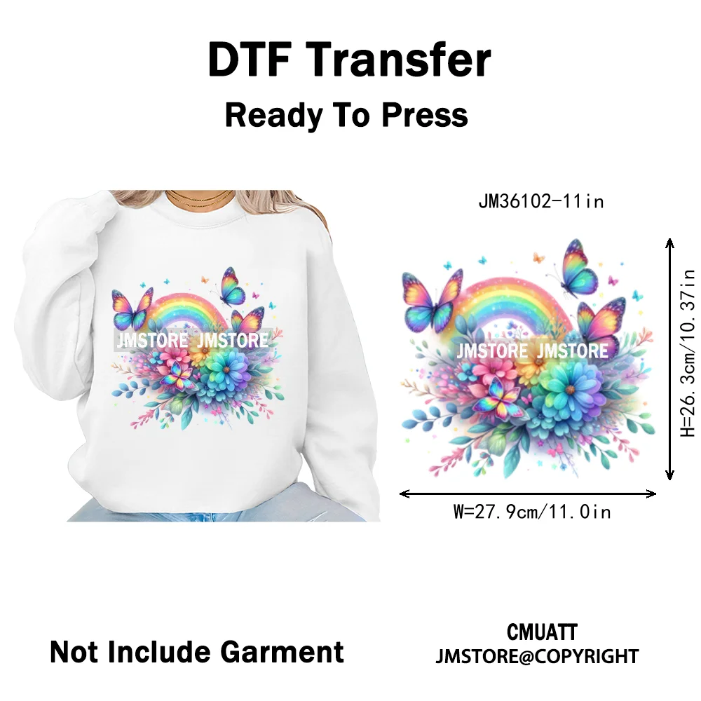Colorful Sparkling Rainbow Butterflies Flowers Lovers Washable Iron on DTF Transfers Stickers Diy Ready to Press for Clothes