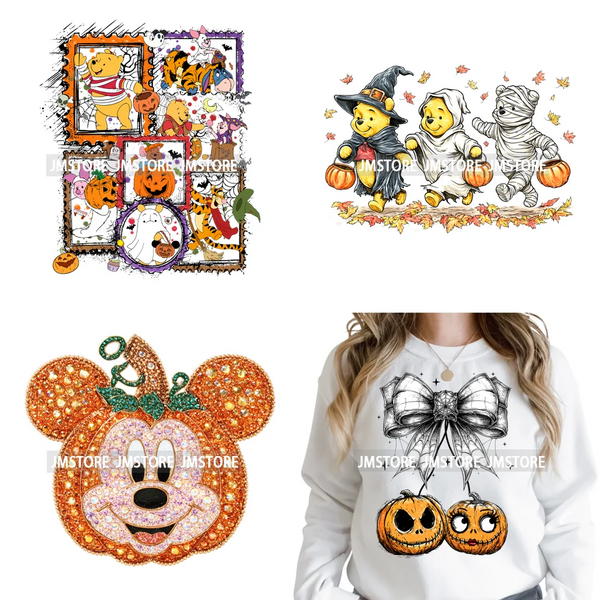 Cartoon Friends Character Faux Glitter Coquette Pumpkin Girly Halloween Iron on DTF Transfer Stickers Heat Press for Hoodies Bag