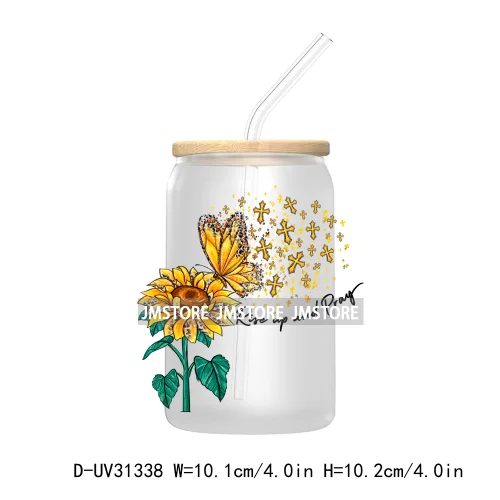 Christian Faith God Blessed Sunflowers Butterfly UV Sticker Decals For Libbey Cold Cup Mug Tumbler Transfer Stickers Bible Verse