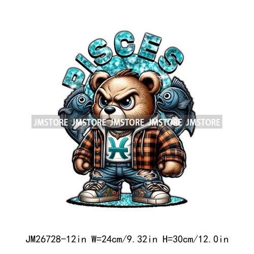 Cool Hip Hop Streetwear Man Mean Bear Zodiac Horoscope Animal DTF Designs Iron On Transfers Stickers Ready To Press For T-shirts