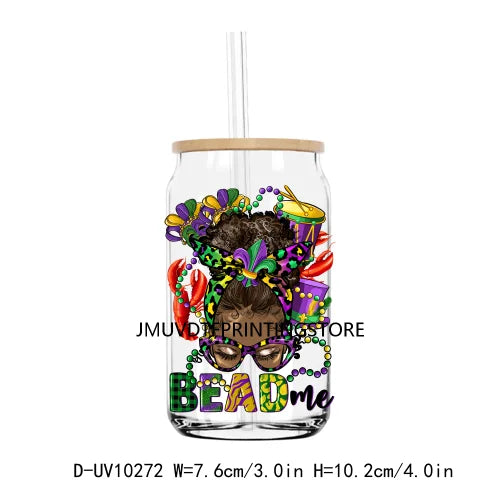 Happy Mardi Gras Afro Messy Bun UV DTF Transfers Stickers Decals For Libbey Cold Cups Mugs Tumbler Waterproof DIY Logo