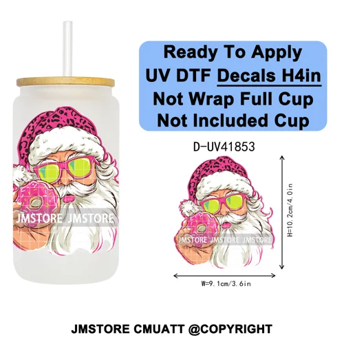 Retro Santa Claus Blowing Bubble Christmas UV DTF Decals Ready To Apply Waterproof Transfer Stickers For 16OZ Libbey Glass Can