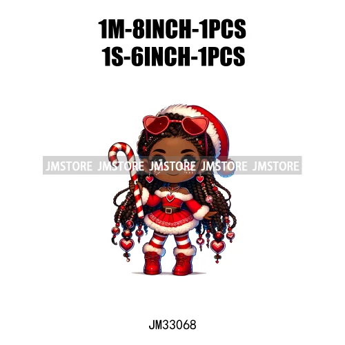 Chibi Candy Santa Girl African American Characters Merry Christmas Gift Iron On DTF Transfer Stickers Ready To Press For Clothes