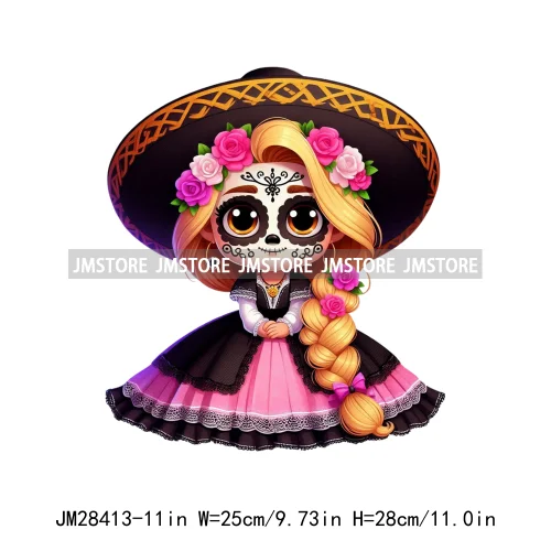 Colorful Day Of The Dead Catrina Princess Baby Girl Sombrero Hat Mexico Conchas Iron On DTF Heat Transfers Stickers For Clothing