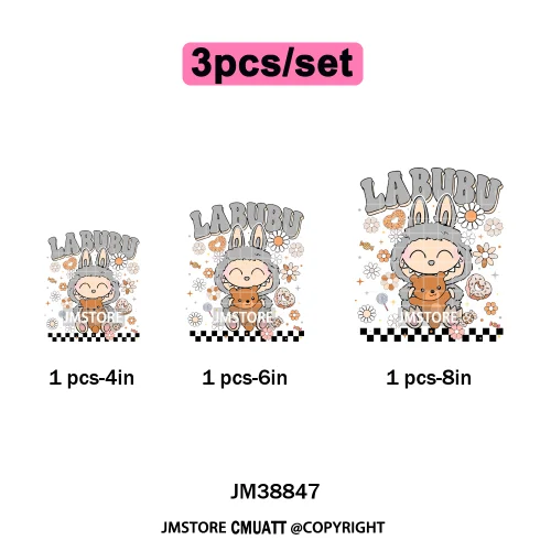 Floral Cute Checkered Cartoon Monster Character Iron on DTF Washable Transfers Stickers Designs Ready to Press for Textile Bags
