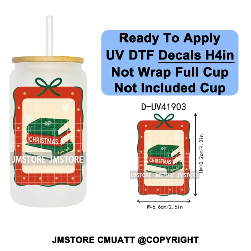 Preppy Christmas Stamps Xmas Card UV DTF Transfer Stickers Decals Ready To Apply Waterproof For 16OZ Libbey Glass Can Tumbler