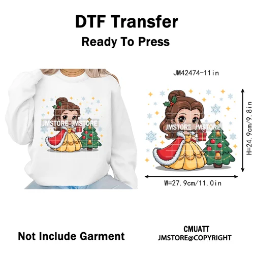 Cute Cartoon Movie Princess Christmas Winter Girly Kids Holiday Iron on DTF Washable Transfer Sticker Ready to Press for Clothes