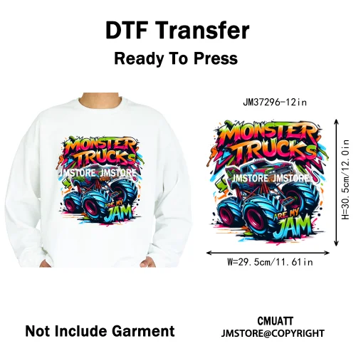 12in Monster Trucks Are My Jam Urban Graffiti Racing Rules Iron on Washable DTF Transfers Stickers Ready to Press for Clothing