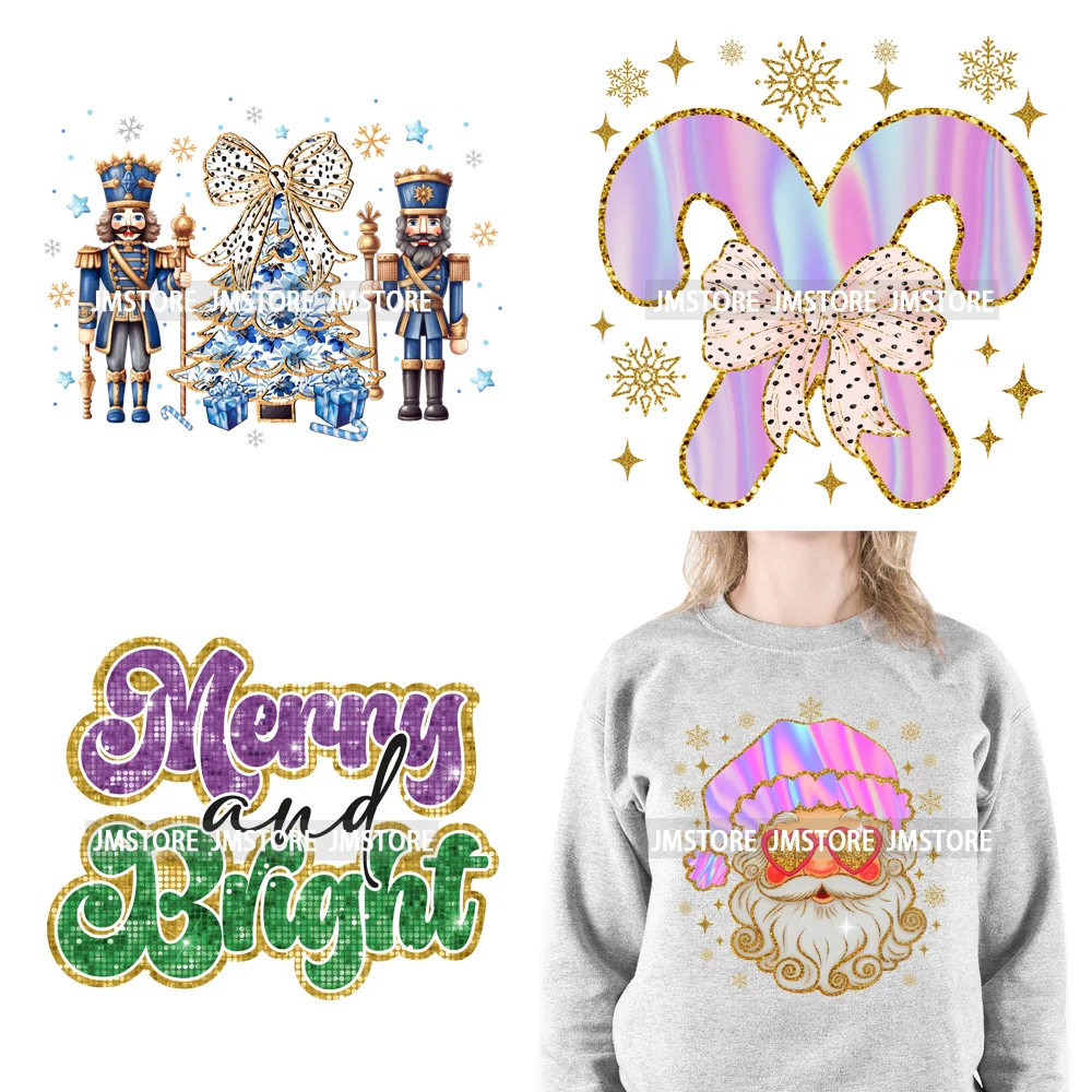 Faux Glitter Merry Christmas Season Merry And Bright Santa Baby Decals Iron On DTF Transfers Stickers Ready To Press For T-shirt