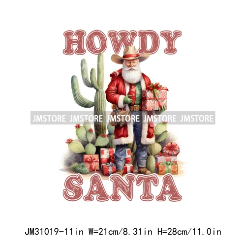 Retro Western Howdy Cowboy Santa Snowmies Cactus Merry Christmas Iron On DTF Transfers Stickers Ready To Press For Clothing