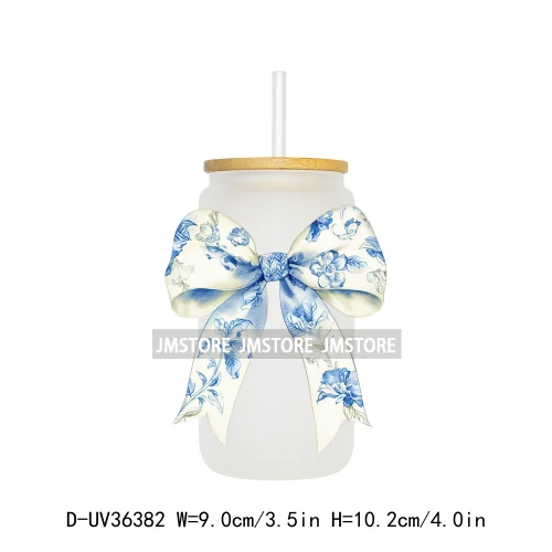 Blue Chinoiserie Coquette Bow UV Sticker Decals For Libbey Cold Cups Mug Tumbler Transfer Stickers Waterproof Top Quality Prints