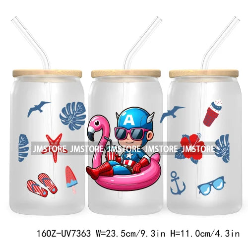 Hero Cartoon Summer Vacation 16OZ UV DTF Cup Wrap Transfers Stickers Custom Labels Durable Waterproof Logo For Libbey Glass Can