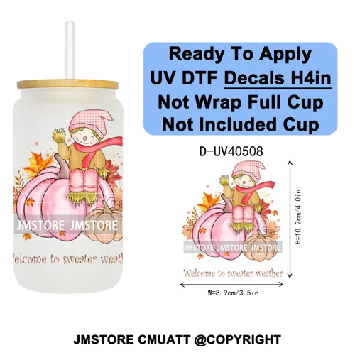 Cozy Autumn Fall Pumpkin Spice UV DTF Decals Ready To Apply Waterproof Transfer Stickers DIY Crafts For 16OZ Libbey Glass Can