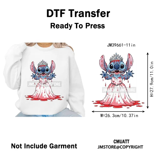 Spooky Scary Cute Cartoon Blue Animal Halloween Horror Vibes Iron on DTF Washable Transfers Stickers Ready to Press for Clothing