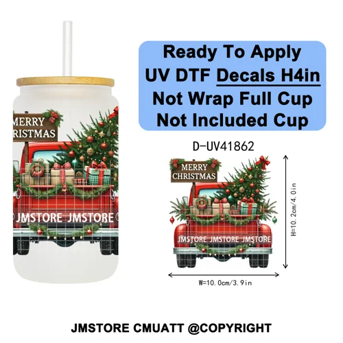 Watercolor Christmas Farm Truck Xmas Gifts UV DTF Transfer Stickers Decals Ready To Apply Waterproof For 16OZ Libbey Glass Can