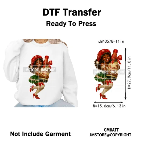Wine Christmas Black Girls Santa Cheer Winter Holiday Party Iron on Washable DTF Transfers Stickers Ready to Press for Textiles