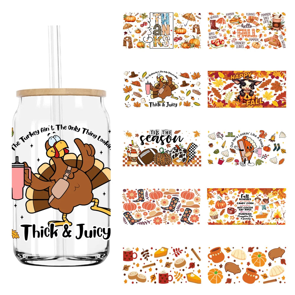 Thanksgiving Fall Thick And Juicy 16OZ UV DTF Cup Wrap Transfers Stickers Custom Labels DIY Waterproof Logo For Libbey Glass Can