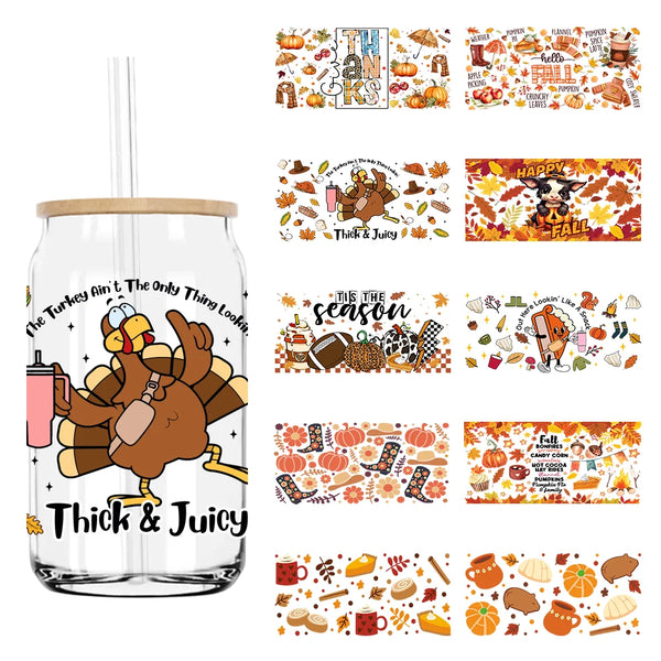 Thanksgiving Fall Thick And Juicy 16OZ UV DTF Cup Wrap Transfers Stickers Custom Labels DIY Waterproof Logo For Libbey Glass Can