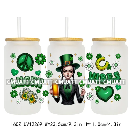 Happy St Patricks Cartoon Princess Characters Feeling Lucky Four Leaf Clover 16OZ UV DTF Cup Wrap Sticker For Libbey Glass Can