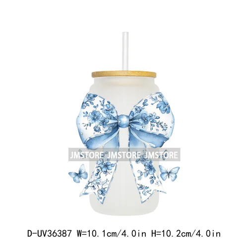 Blue Chinoiserie Coquette Bow UV Sticker Decals For Libbey Cold Cups Mug Tumbler Transfer Stickers Waterproof Top Quality Prints