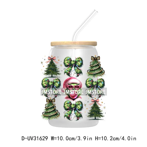 Merry Bright Coquette Bow Glitter Christmas Tree Girly UV DTF Transfer Stickers Decals For Libbey Cold Cup Mug Tumbler Durable