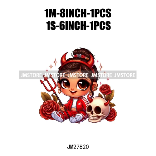 Chibi Cute Halloween Devil Latina Baby Hispanic Girls Skull Red Rose DTF Iron On Transfer Stickers Ready To Press For Sweatshirt