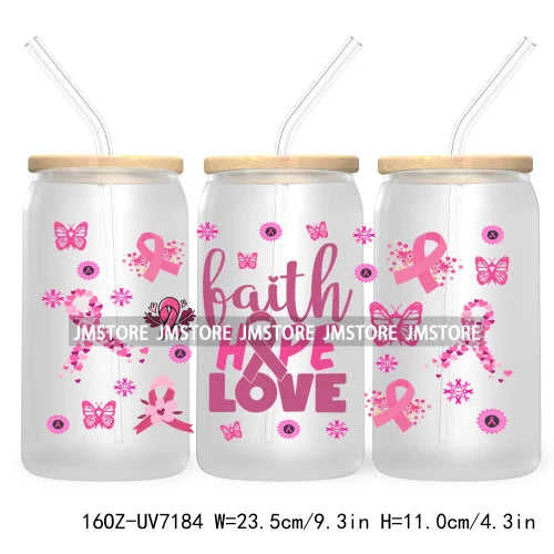 Peace Love Cure Breast Cancer Awareness Pink 16OZ UV DTF Cup Wrap Transfer Stickers For Libbey Glass Can Cups Tumbler October