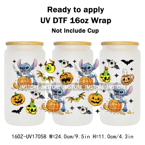 Spooky Halloween Boo Bats Pumpkin Horror Cartoon 16OZ UV DTF Cup Wraps Ready To Apply Transfer Stickers For Libbey Glass Can Mug