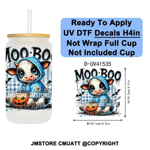 Spooky Highland Cow Halloween Ghosts Pumpkin UV DTF Decals Ready To Apply Waterproof Transfer Stickers For 16OZ Libbey Glass Can