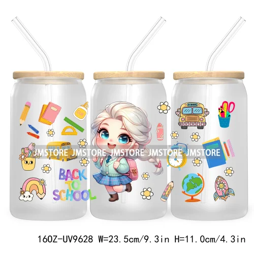 Back To School Cartoon Princess 16OZ UV Cup Wrap DTF Transfer Sticker For Libbey Glass Can Cups Tumbler Waterproof Label Teacher