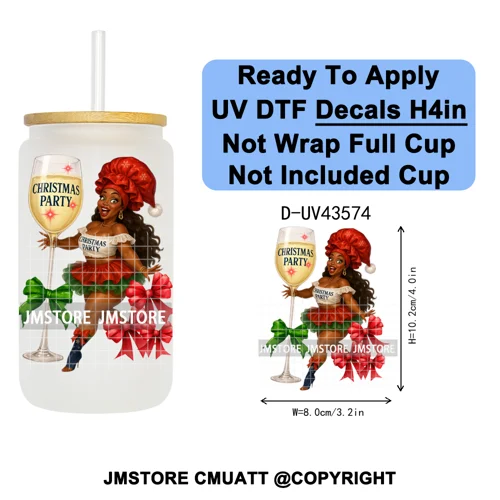 Fashion Black Girl Christmas Party UV DTF Cup Decals Ready To Apply Transfer Stickers Durable Custom Prints For Libbey Glass Can