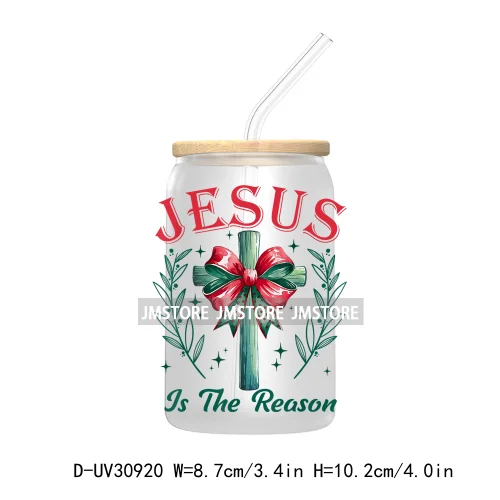 Jesus Is The Reason Christmas Cross Bow UV DTF Transfer Stickers Decals For Libbey Cold Cups Mugs Tumbler Waterproof Bible Verse