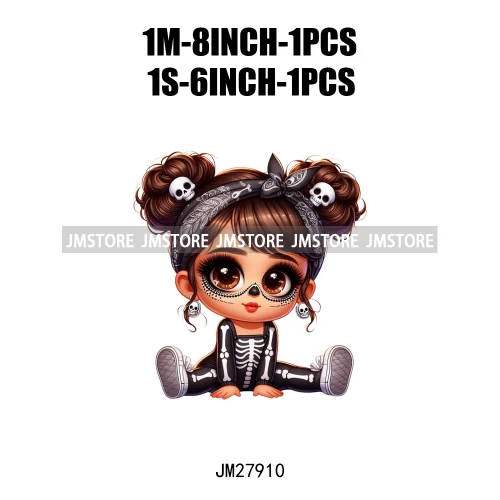 Halloween Skeleton Latina Baby Chibi Hispanic Girls Spooky Season DTF Iron On Transfers Stickers Ready To Press For Clothing