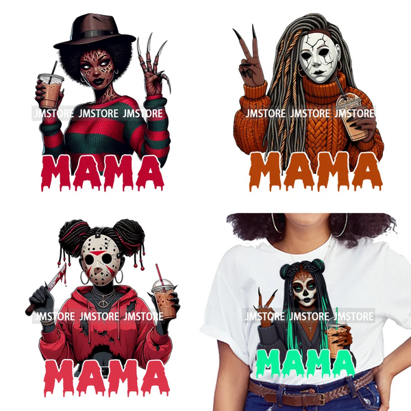 Coffee Lover Afro Mama Spooky Halloween Killer Cartoon Women Iron on Washable DTF Transfers Stickers Ready to Press for Hoodies