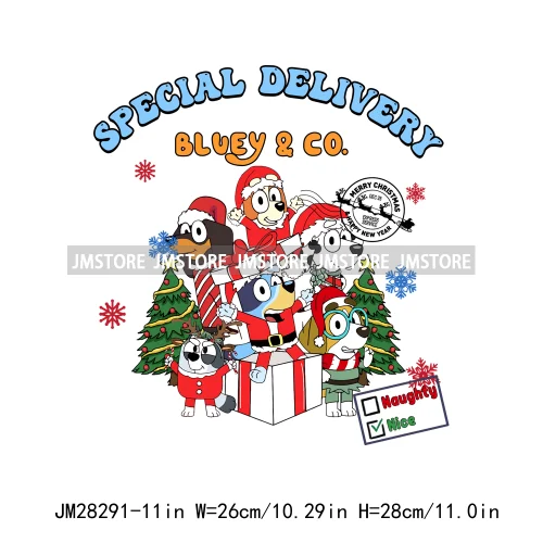 Cute Cartoon Blue Dog Family Character Merry Christmas Vibes Decals Iron On DTF Transfers Stickers Ready To Press For Sweatshirt