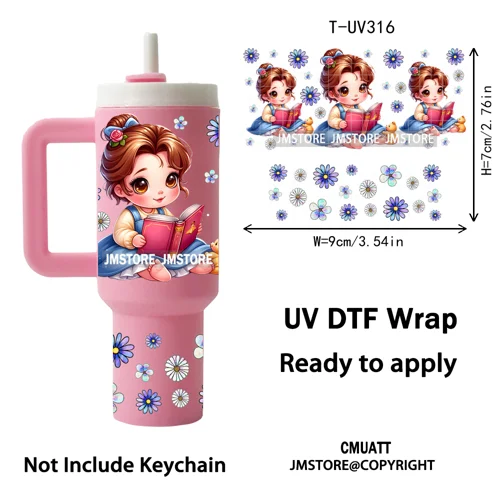 Watercolor Little Girl Cartoon Princess Flowers UV DTF Wraps Ready To Use Transfer Stickers Waterproof For Mini Tumbler Keychain