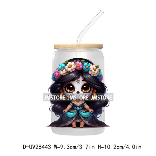 Cute Latina Cartoon Princess Baby Girl UV DTF Transfer Stickers Decals For Libbey Cold Cups Mug Tumbler Labels Sugar Skull Woman