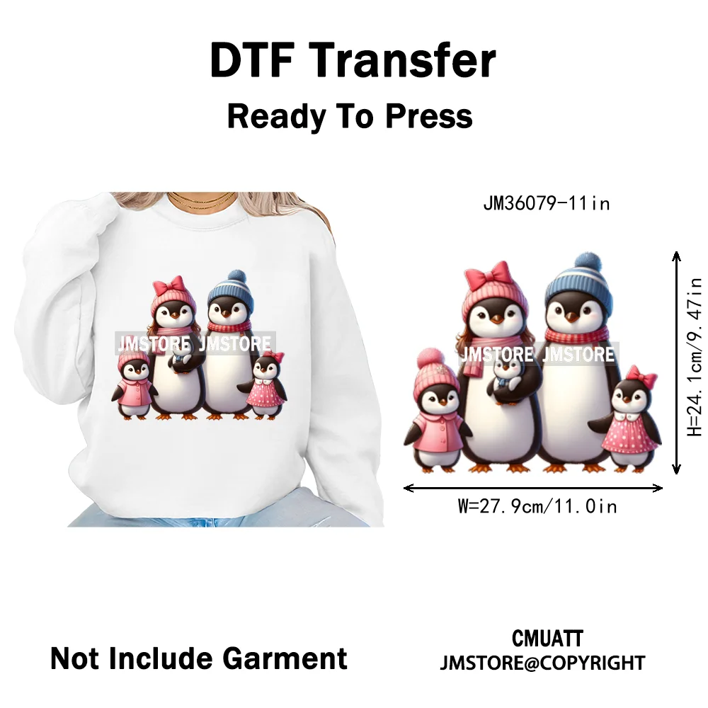 Cute Animal Penguins Coquette Hat Family Mom Father Baby Lovers Iron on DTF Heat Transfer Stickers Ready to Press for Hoodies