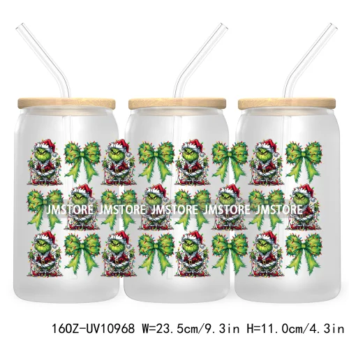 Green Guy Christmas Coquette Bow 16OZ UV DTF Cup Wrap Waterproof Transfer Stickers For Libbey Glass Can Christmas Movie Friends