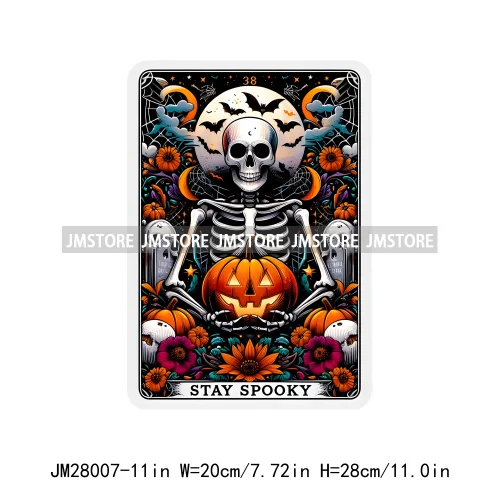 Spooky Halloween Tarot Card Pumpkin Skeleton Ghost Flower Iron On DTF Transfers Stickers Ready To Press For Sweatshirt Bags