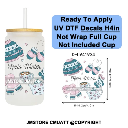 Christmas Santa Claus Patchwork UV DTF Decals Ready To Apply Waterproof Transfer Stickers DIY Crafts For 16OZ Libbey Glass Can