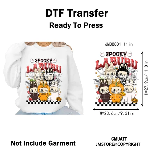 Cute Checkered Spooky Doll Monster Characters Halloween Iron on DTF Washable Heat Transfers Stickers Ready to Press for Textile