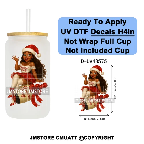 Fashion Black Girl Christmas Party UV DTF Cup Decals Ready To Apply Transfer Stickers Durable Custom Prints For Libbey Glass Can