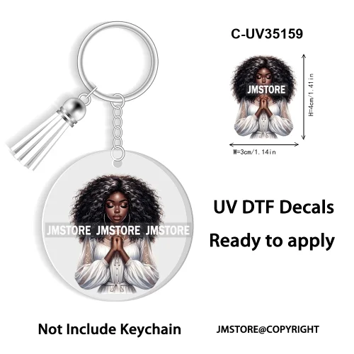 Christian Jesus God Pray Afro Girl UV DTF Decal Round Keychain Ready To Apply WaterProof Transfer Stickers For Circle Keychain