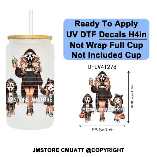 Family Halloween Horror Mama UV DTF Transfer Stickers Decals Ready To Apply Waterproof For 16OZ Libbey Glass Can Cups Tumbler