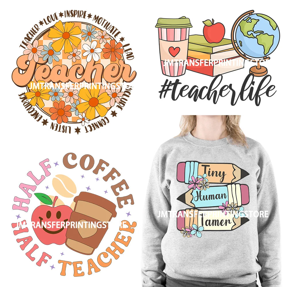 Teacher Love Inspire Motivate Lead Life Printing Decals Half Teacher Half Coffee Grow Know DTF Transfer Stickers For Clothes