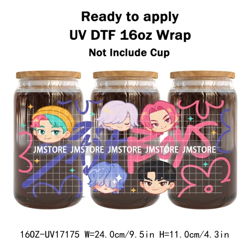 Kpop Demon Inspired Movie Boy Band Hunter Girl Anime Fan UV DTF Wraps Transfer Sticker Waterproof Logo For 16OZ Libbey Glass Can